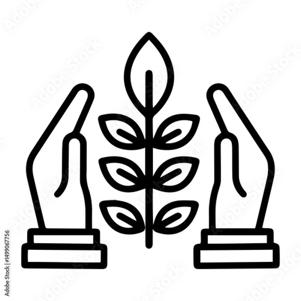 Fototapeta Hands protecting plant (outline style). Two hands gently cradle and protect a growing plant, symbolizing care, conservation, or nurturing nature. Represents environmental protection, the preservation