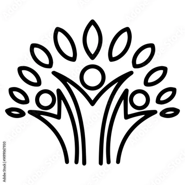 Fototapeta A stylized group of people (outline style) are shown celebrating, with leaf-like shapes radiating outwards from their raised arms. This symbolizes unity, growth, and a profound connection to nature