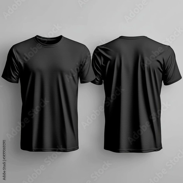 Fototapeta Black t-shirt mockup. Front and back view of unisex plain black tee on gray background. Apparel design template for printing and branding purposes.