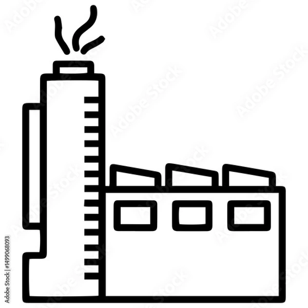 Fototapeta A factory (outline style) is shown with smoke billowing from its chimney, representing industrial activity and manufacturing processes. Conveys the concept of an industrial facility at work
