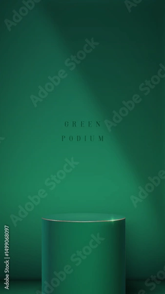 Fototapeta Minimalist design featuring smooth green cylinder against deep green backdrop, highlighting subtle shadows and textures