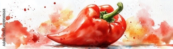 Fototapeta A vibrant watercolor painting of a red bell pepper with colorful splashes in the background.