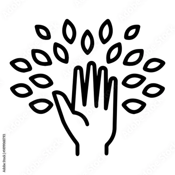 Fototapeta Two hands (outline style) are shown extending upwards, with multiple stylized leaves radiating outwards from the space between them. Symbolizes growth, nature, and interconnectedness