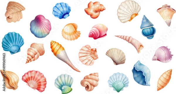 Fototapeta Set of different watercolor seashell stickers on transparent background. 
