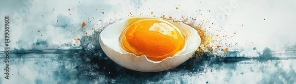 Fototapeta A cracked egg with vibrant yolk is depicted in a colorful, artistic splash style on a light background.