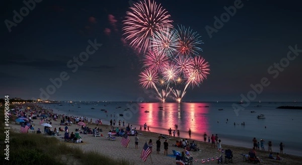 Obraz Fireworks over Beach Crowd at Night