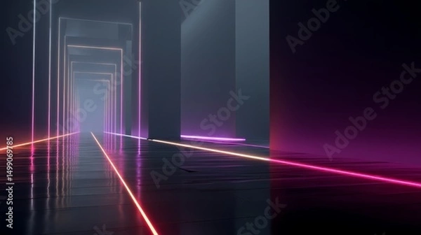 Fototapeta neon light laser line on black geometric tunnel, modern futuristic immersive background 