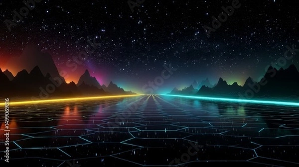 Fototapeta endless hologram road surround with polygon mountain glow immersive landscape cybernetic world,