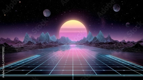 Fototapeta hologram road with neon light moon surround with polygon mountain  glow immersive landscape cybernetic world, 