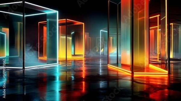 Fototapeta geometric box with neon light glow ,  ethereal cybernetic  immersive theme