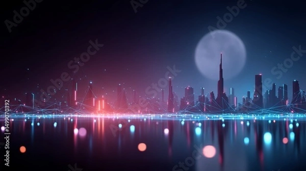 Fototapeta neon light with polygonal structure with futuristic cityscape,  ethereal cybernetic immersive abstract background
