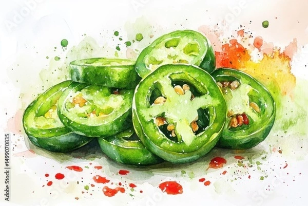 Fototapeta A vibrant watercolor painting of sliced green jalapenos with colorful splashes in the background.