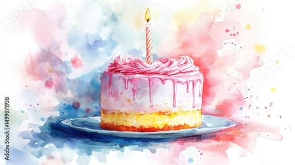 Fototapeta A watercolor birthday cake with pink icing, a single candle, and colorful artistic splashes in the background.