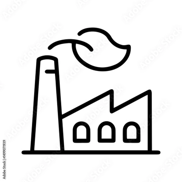 Fototapeta A factory (outline style) is depicted with a stylized leaf emerging from its structure, near the top. This symbolizes environmentally conscious industry and a focus on green manufacturing practices