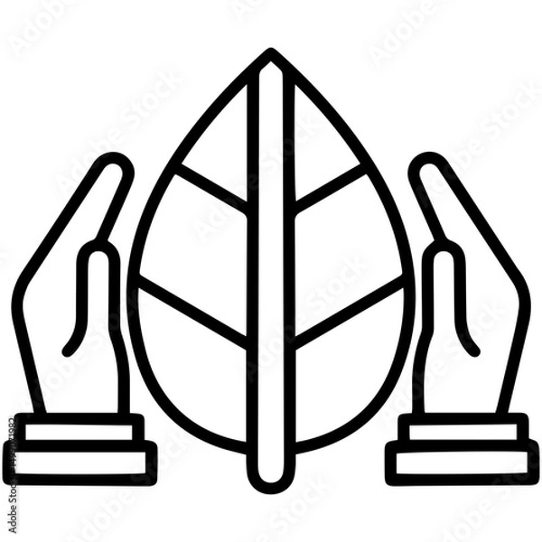 Fototapeta Two hands (outline style) are shown gently cradling a single, stylized leaf, symbolizing profound environmental care, dedicated protection towards fostering nature's well-being and sustainable future