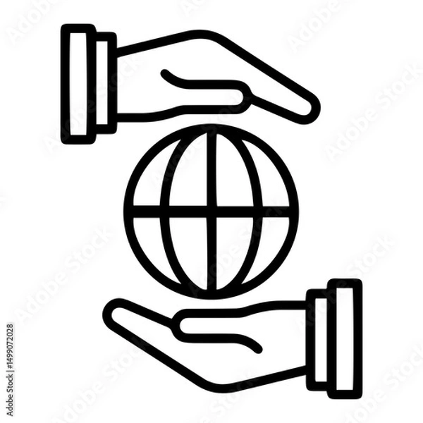 Fototapeta Two hands (outline style) are shown gently cradling a globe icon resembling the World Wide Web symbol. This symbolizes interconnectedness, global communication, and responsibility in the digital age