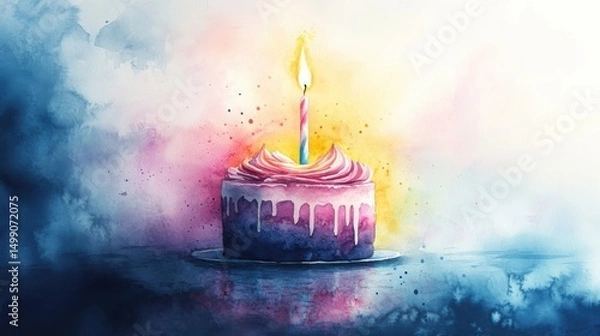 Fototapeta A single birthday cake with one candle, painted in vibrant watercolor style, sits on a reflective surface with colorful background.