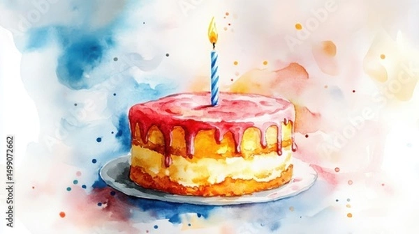 Fototapeta A watercolor painting of a birthday cake with one candle, colorful icing, and artistic splashes in the background.