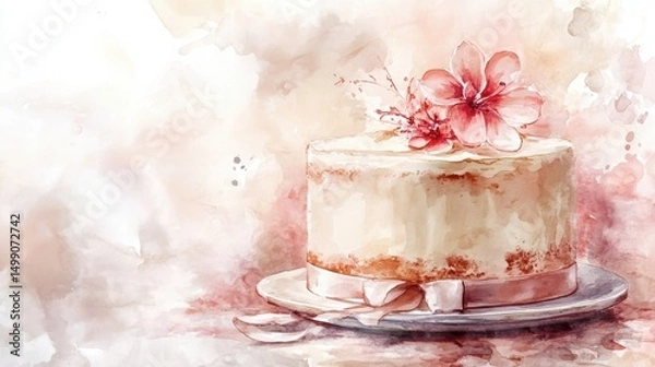 Fototapeta Watercolor illustration of a decorated cake with pink flowers and ribbon on a plate, set against a soft pastel background.