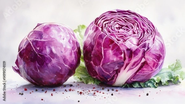 Fototapeta Two vibrant heads of purple cabbage with green leaves, artistically arranged on a light background.