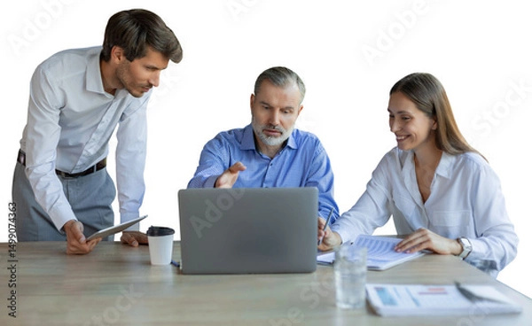Fototapeta Group of young modern people in formalwear using modern technologies while working on a transparent background