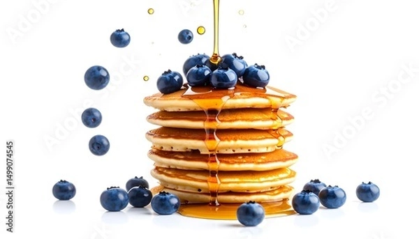 Fototapeta A stack of golden pancakes topped with fresh blueberries and drizzled with syrup against a clean white background. Sweet breakfast concept with falling berries