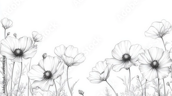 Fototapeta Black and White Illustration of Delicate Poppy Flowers on a White Background and Soft Petals