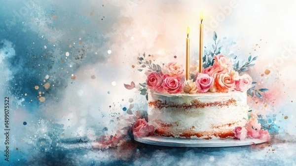 Fototapeta Elegant floral cake with two lit candles, surrounded by watercolor splashes and pastel roses on a dreamy background.