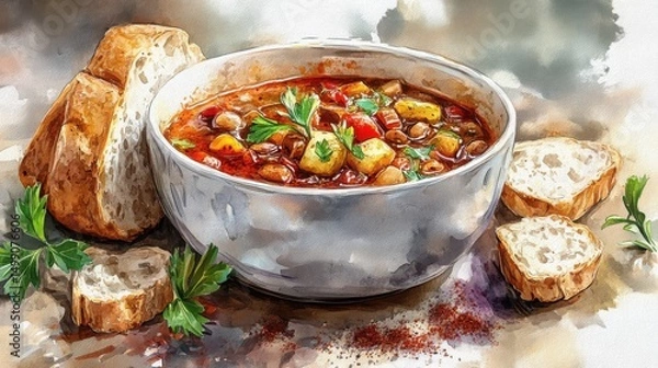 Fototapeta A rustic bowl of vegetable soup garnished with herbs, served with fresh slices of bread on a watercolor-style background.