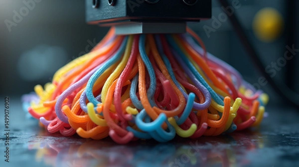 Fototapeta  Precision in Motion – Close-Up of a 3D Printer Extruding Vibrant Recycled Filament to Create a Complex, Detailed Object with High Accuracy and Smooth Layering