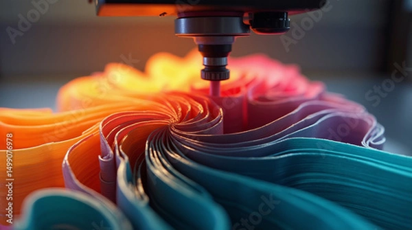 Fototapeta  Precision in Motion – Close-Up of a 3D Printer Extruding Vibrant Recycled Filament to Create a Complex, Detailed Object with High Accuracy and Smooth Layering