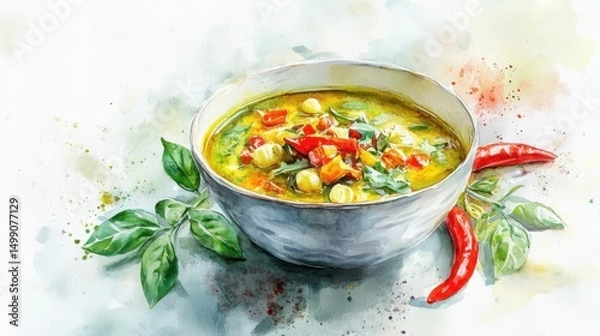 Fototapeta A vibrant watercolor painting of a bowl of spicy vegetable soup with fresh herbs and red chili peppers.