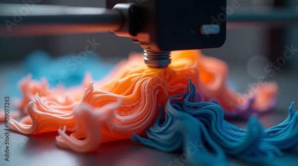 Fototapeta  Precision in Motion – Close-Up of a 3D Printer Extruding Vibrant Recycled Filament to Create a Complex, Detailed Object with High Accuracy and Smooth Layering