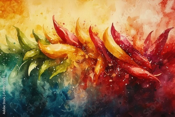 Fototapeta Vibrant watercolor painting of abstract leaves in red, yellow, and green tones blending together with dynamic splashes.