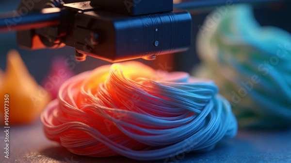 Fototapeta  Precision in Motion – Close-Up of a 3D Printer Extruding Vibrant Recycled Filament to Create a Complex, Detailed Object with High Accuracy and Smooth Layering