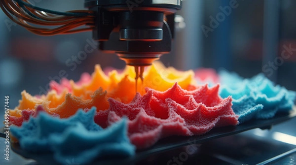 Fototapeta  Precision in Motion – Close-Up of a 3D Printer Extruding Vibrant Recycled Filament to Create a Complex, Detailed Object with High Accuracy and Smooth Layering