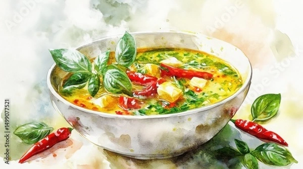 Fototapeta A vibrant watercolor painting of a spicy soup with herbs and red chili peppers in a white bowl.