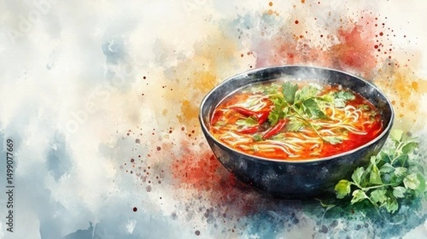 Fototapeta A steaming bowl of vibrant noodle soup with herbs, painted in a colorful watercolor style.