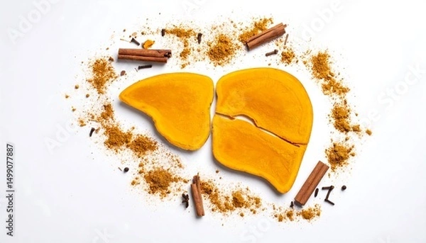 Fototapeta Conceptual image of a liver made from bread surrounded by spices on white background.  Illustrating health and nutrition with overhead shot