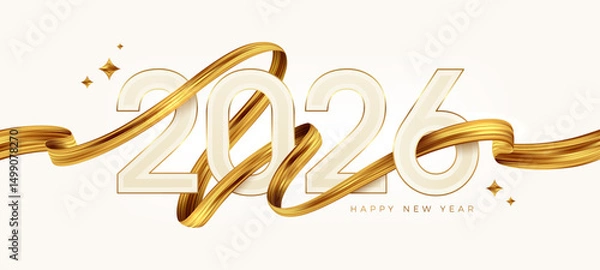 Fototapeta 2026 New Year  logo with golden paint brushstroke.   New Year sign with golden ribbon. Vector illustration.