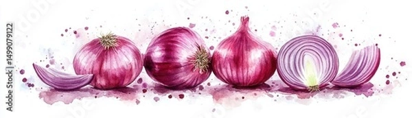 Fototapeta Watercolor illustration of whole and sliced red onions with artistic splatters.