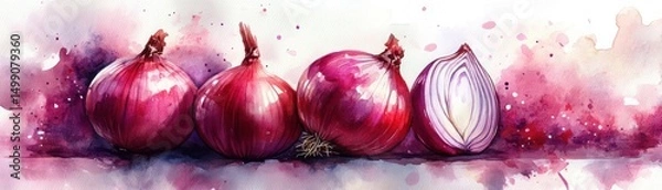 Fototapeta Watercolor painting of four red onions, one sliced open, with vibrant splashes of purple and pink hues in the background.