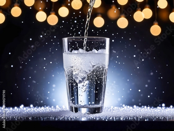 Obraz Sparkling Water Pouring into Glass with Ice Cubes on Glittery Surface.