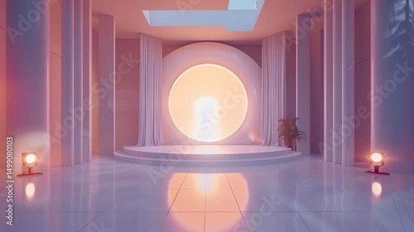 Fototapeta Photo studio white narrow backdrop with soft boxes. Professional photo shooting setup with studio lights, realistic vector illustration. Studio photography scene mock u