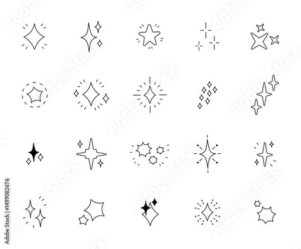 Fototapeta Decorative sparkling star set with different shapes for use in glowing and magical dreamy themed design projects for your creative illustrations