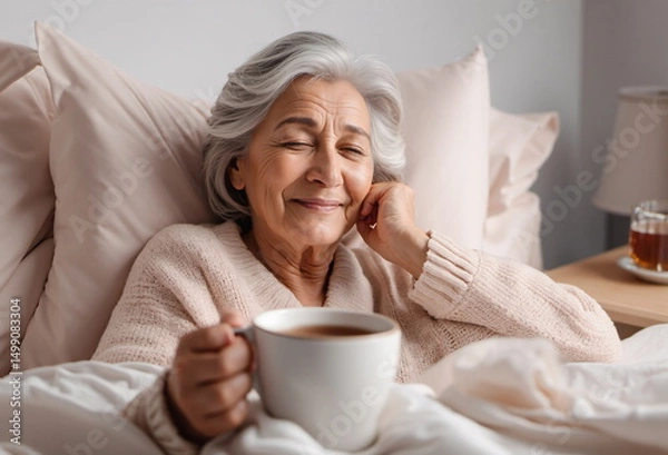 Obraz An elderly woman enjoys a warm drink in bed, looking peaceful and content with a gentle smile. - Generative AI