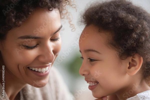 Obraz A mother and daughter share a tender moment, smiling and interacting closely with loving expressions. - Generative AI