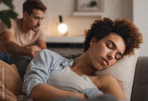 Obraz A man watches a sleeping woman on a couch, suggesting a strained relationship or concern. The scene is dimly lit and intimate.  - Generative AI
