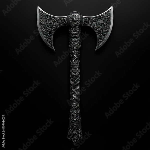 Obraz Ornate double-headed axe with intricate carvings on its blades and handle.  Dark, metallic finish