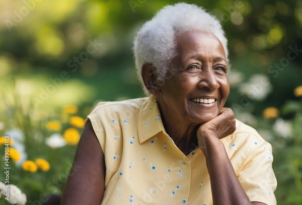 Obraz An elderly Black woman smiles contentedly while looking off to the side in a garden setting. - Generative AI